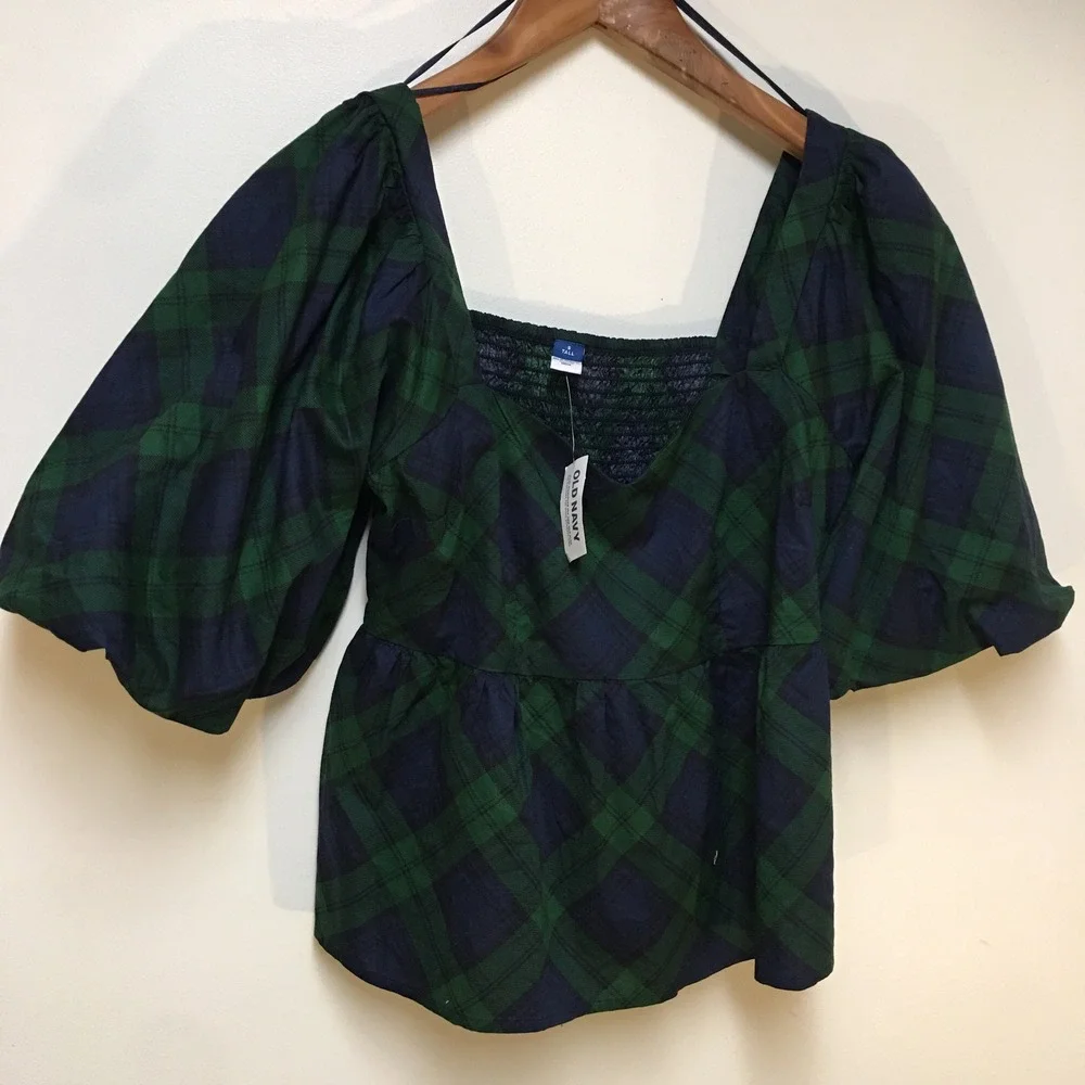 Old Navy Plaid Puff Sleeve Blouse Women Small Tall Green Navy Peplum Top